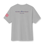 Back of grey short-sleeve crewneck t-shirt featuring a small USA flag logo on right sleeve and 'Rebound' slogan Enjoy Tonight Own Tomorrow with a Martini glass and 1776-2026 in USA colors on upper back.