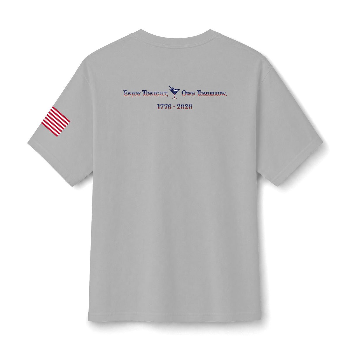 Back of grey short-sleeve crewneck t-shirt featuring a small USA flag logo on right sleeve and 'Rebound' slogan Enjoy Tonight Own Tomorrow with a Martini glass and 1776-2026 in USA colors on upper back.