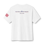 Back of white short-sleeve crewneck t-shirt featuring a small USA flag logo on right sleeve and 'Rebound' slogan Enjoy Tonight Own Tomorrow with a Martini glass and 1776-2026 in USA colors on upper back.