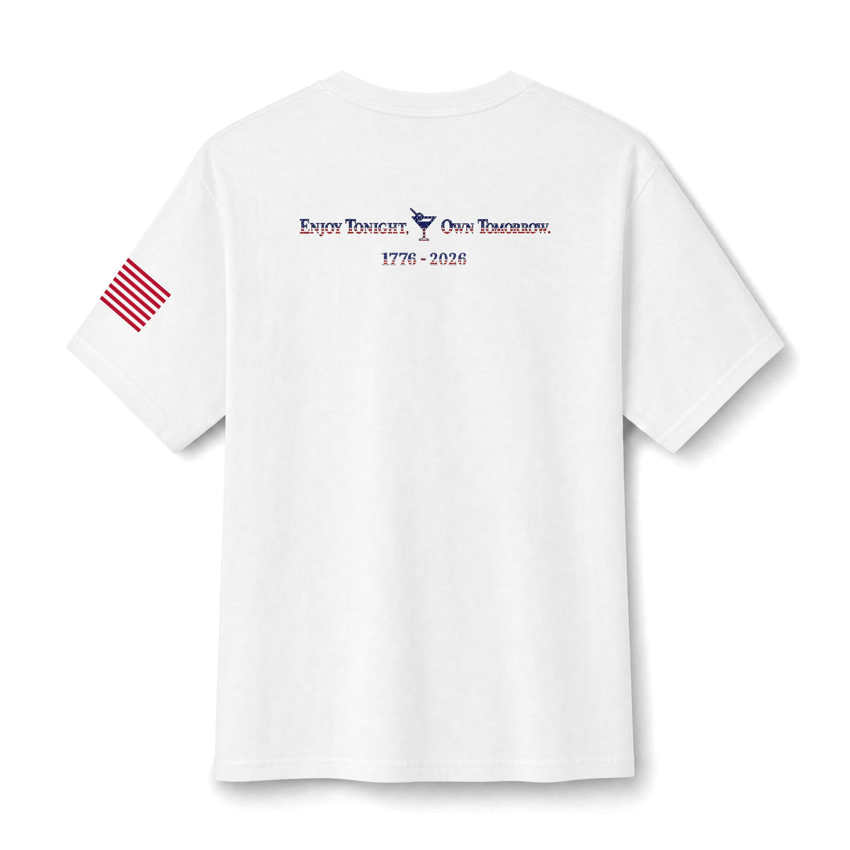 Back of white short-sleeve crewneck t-shirt featuring a small USA flag logo on right sleeve and 'Rebound' slogan Enjoy Tonight Own Tomorrow with a Martini glass and 1776-2026 in USA colors on upper back.