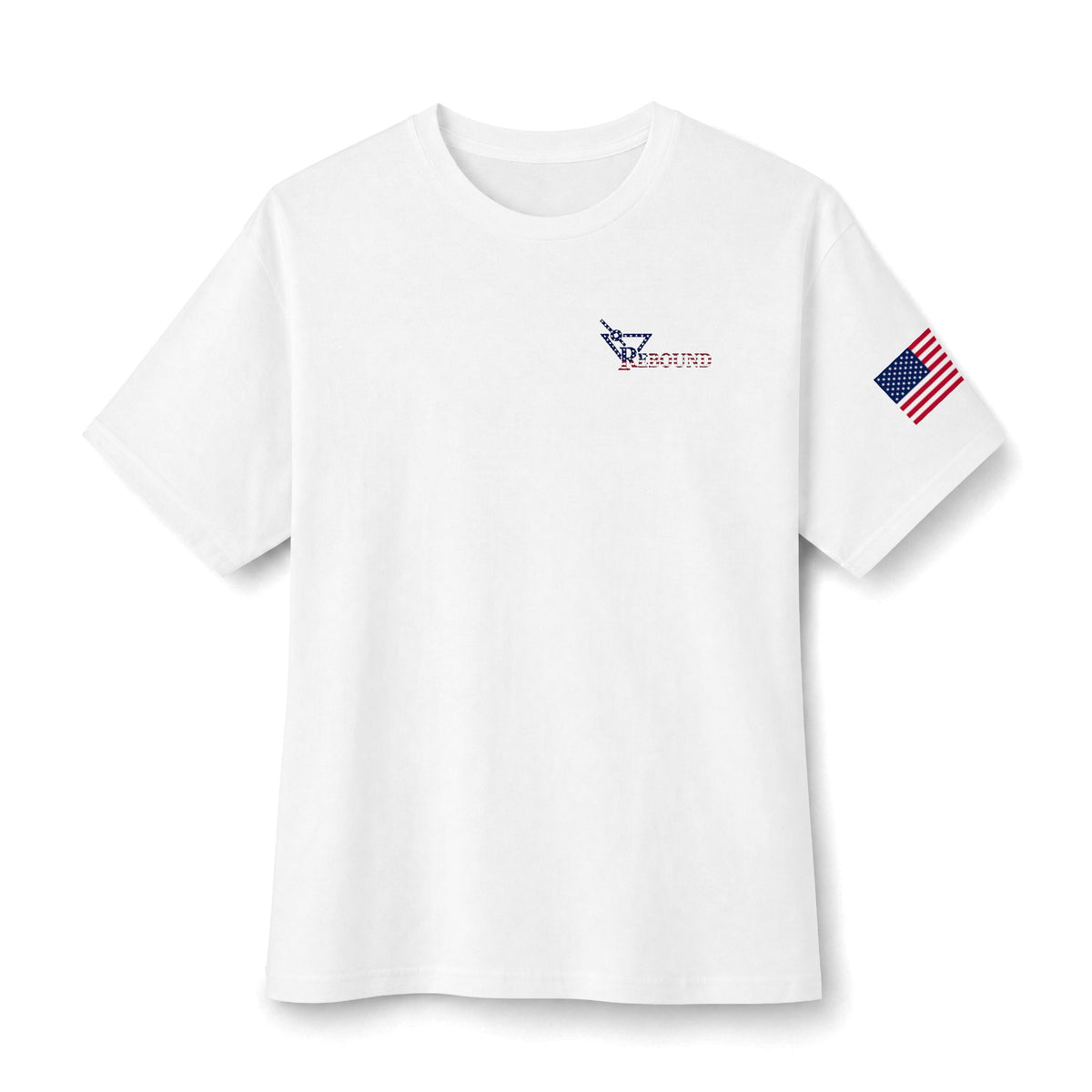 A white short-sleeve crewneck t-shirt featuring a small USA flag logo on right sleeve and 'Rebound' logo on the left chest.
