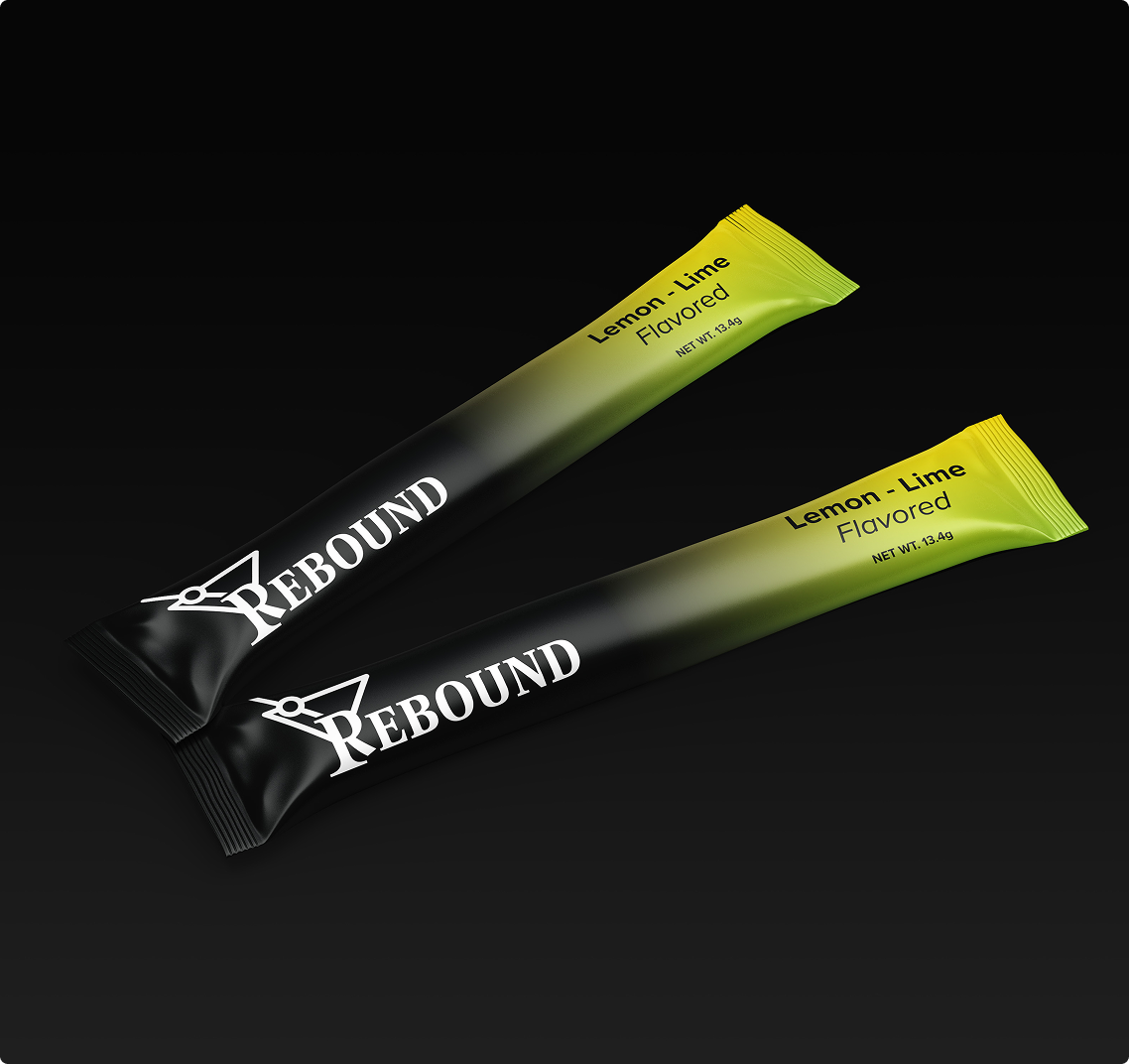 Two lemon-lime flavored 'Rebound' packets on a black background