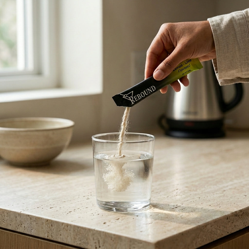 Person pouring a powder from a 'Rebound' package into a glass of water on a kitchen counter.